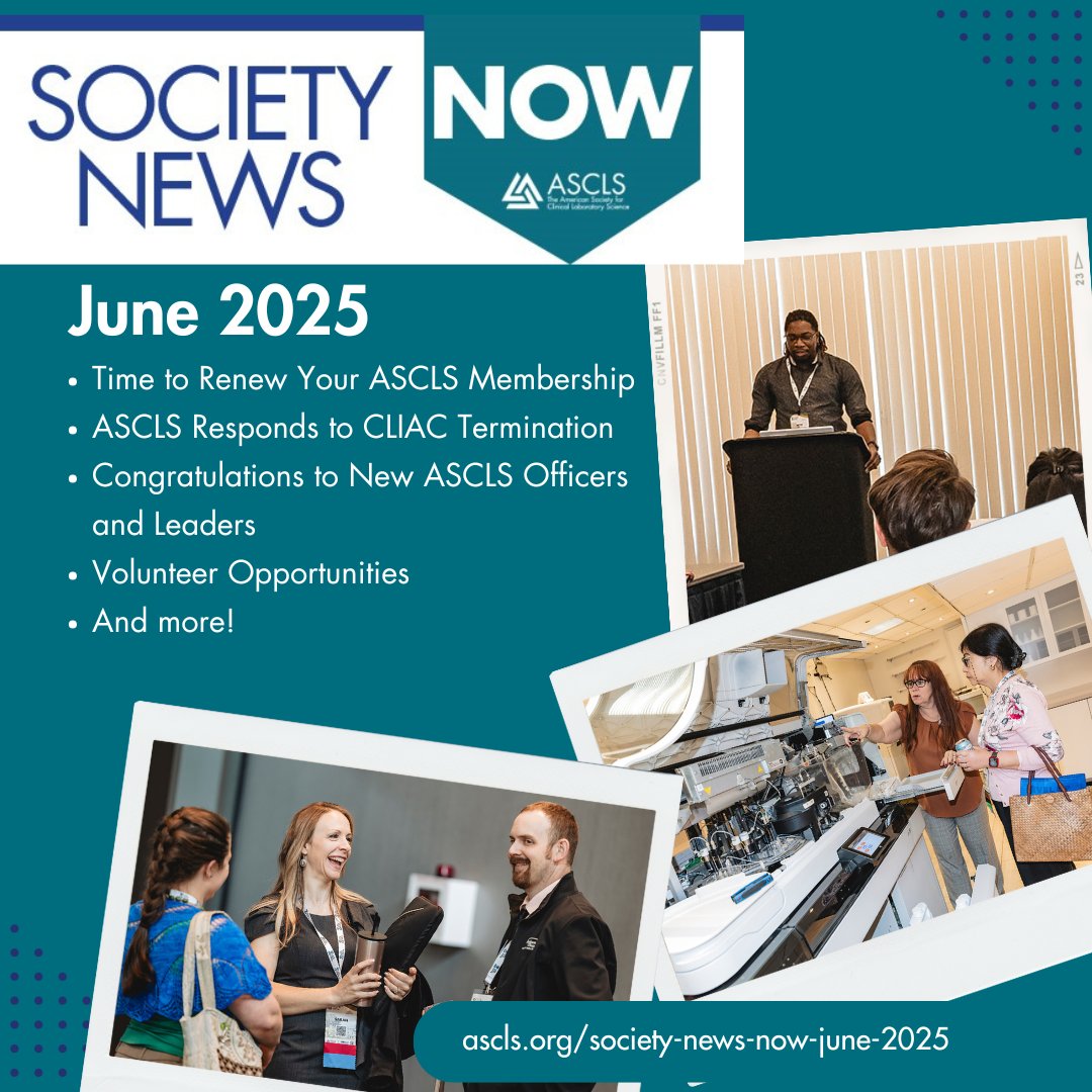 A new issue of ASCLS Society News Now was just published.

➡ ASCLS Responds to CLIAC Termination
➡ Congratulations to New ASCLS Officers and Leaders
➡ New Volunteer Opportunities
➡ 2025 #LabJAM Highlights
➡ And more!

ascls.org/society-news-n…

#IamASCLS #Lab4Life