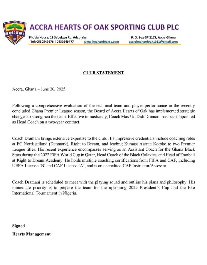 🚨🇬🇭Accra Hearts of Oak appoint new technical team :

Coach - Didi Dramani 
Asst 1 -  Gazali
Asst 2 -  Fiifi Parker
TM      -  Henry  Martey

#GuideSports