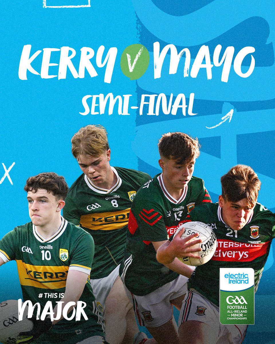 We have reached the Semi-Finals stage of the 2025 Electric Ireland GAA All-Ireland Minor Football Championship!  
 
Follow the action live on TG4 this Sunday, when Roscommon will take on Tyrone at 1:30pm, followed by Kerry and Mayo at 3:30pm.  
 
Who will secure a spot in this