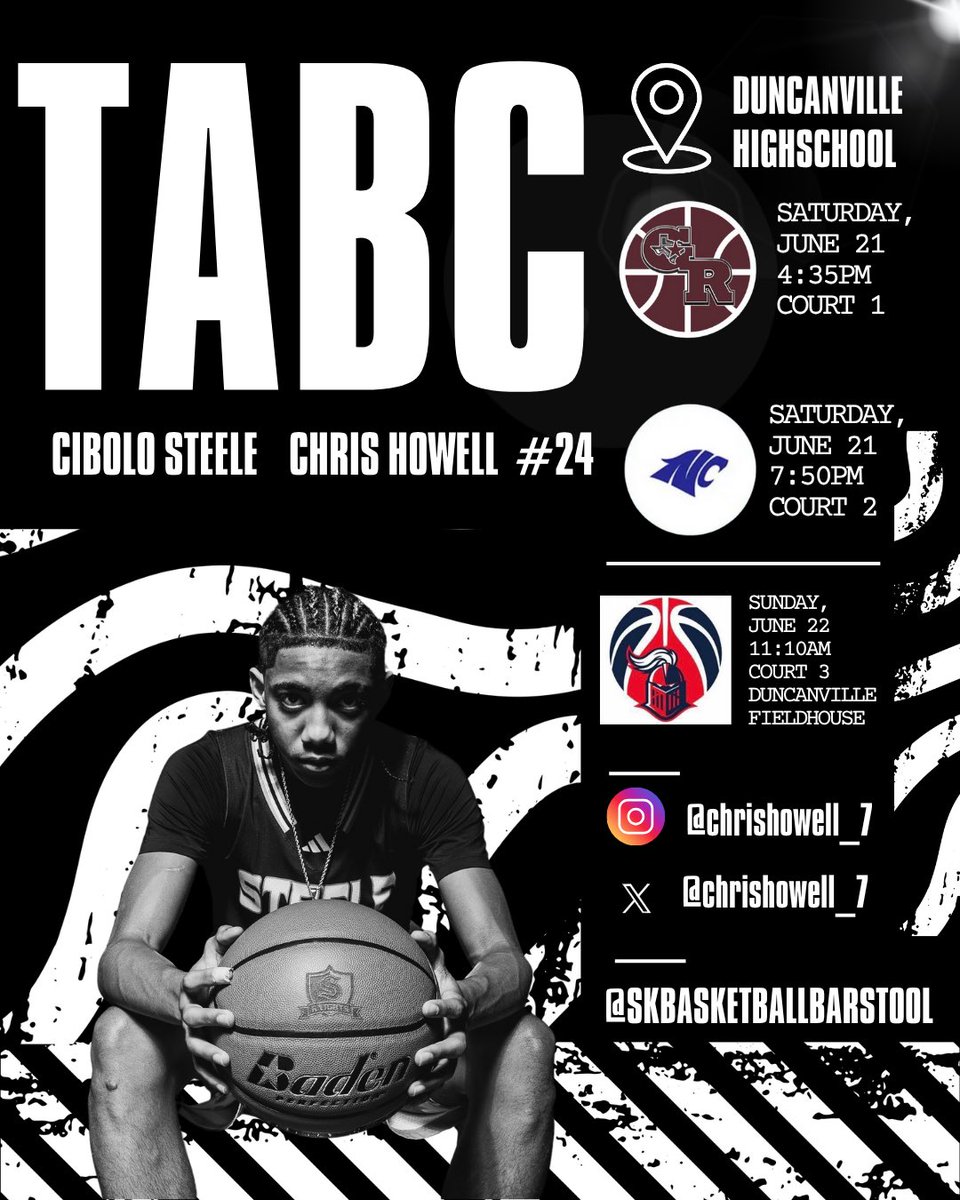 Chris Howell🇵🇦🇩🇪 (@chrishowell_7) on Twitter photo Here’s my updated and upcoming schedule for TABC 🚨🚨
Chris Howell || 6’3 Gaurd || Cibolo Steele High School
<a href="/SteeleHoops/">Steele Basketball</a> <a href="/_teamfoa/">San Antonio FOA</a> <a href="/UC_Exposure/">Russell "Coach V" Vanlandingham</a> <a href="/theoneeyedscout/">The One Eyed Scout</a> <a href="/BigA_SATX/">BigA</a> <a href="/RL_Hoops/">RecruitLook Hoops</a> <a href="/CherryPowerPlay/">cherrypowerplayfilms</a> <a href="/SSports_Media/">Super Sports Media</a> <a href="/BJenkins247/">Brandon Jenkins</a> <a href="/bigsloan32/">Marcus Sloan</a> <a href="/GASOTim/">Tim Littlefield</a> Here’s my updated and upcoming schedule for TABC 🚨🚨
Chris Howell || 6’3 Gaurd || Cibolo Steele High School
<a href="/SteeleHoops/">Steele Basketball</a> <a href="/_teamfoa/">San Antonio FOA</a> <a href="/UC_Exposure/">Russell "Coach V" Vanlandingham</a> <a href="/theoneeyedscout/">The One Eyed Scout</a> <a href="/BigA_SATX/">BigA</a> <a href="/RL_Hoops/">RecruitLook Hoops</a> <a href="/CherryPowerPlay/">cherrypowerplayfilms</a> <a href="/SSports_Media/">Super Sports Media</a> <a href="/BJenkins247/">Brandon Jenkins</a> <a href="/bigsloan32/">Marcus Sloan</a> <a href="/GASOTim/">Tim Littlefield</a>