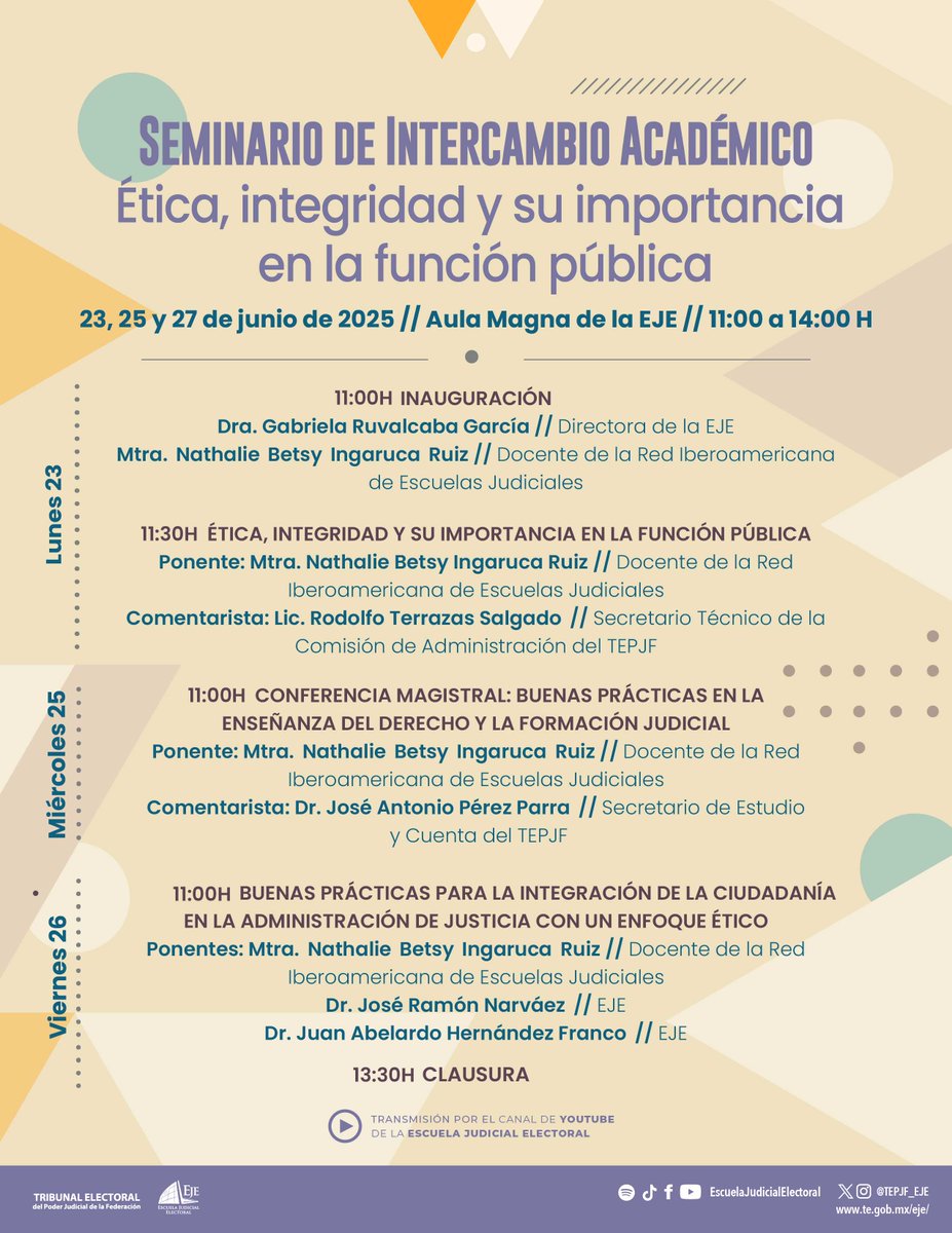 📢 ¡Te esperamos en el Seminario de Intercambio Académico!

Expertas y expertos reflexionarán sobre ética, liderazgo y buenas prácticas en la función pública.

🗓 23, 25 y 27 de junio | 11–14 h📍Aula Magna de la EJE #ÉticaPública#LaEJE