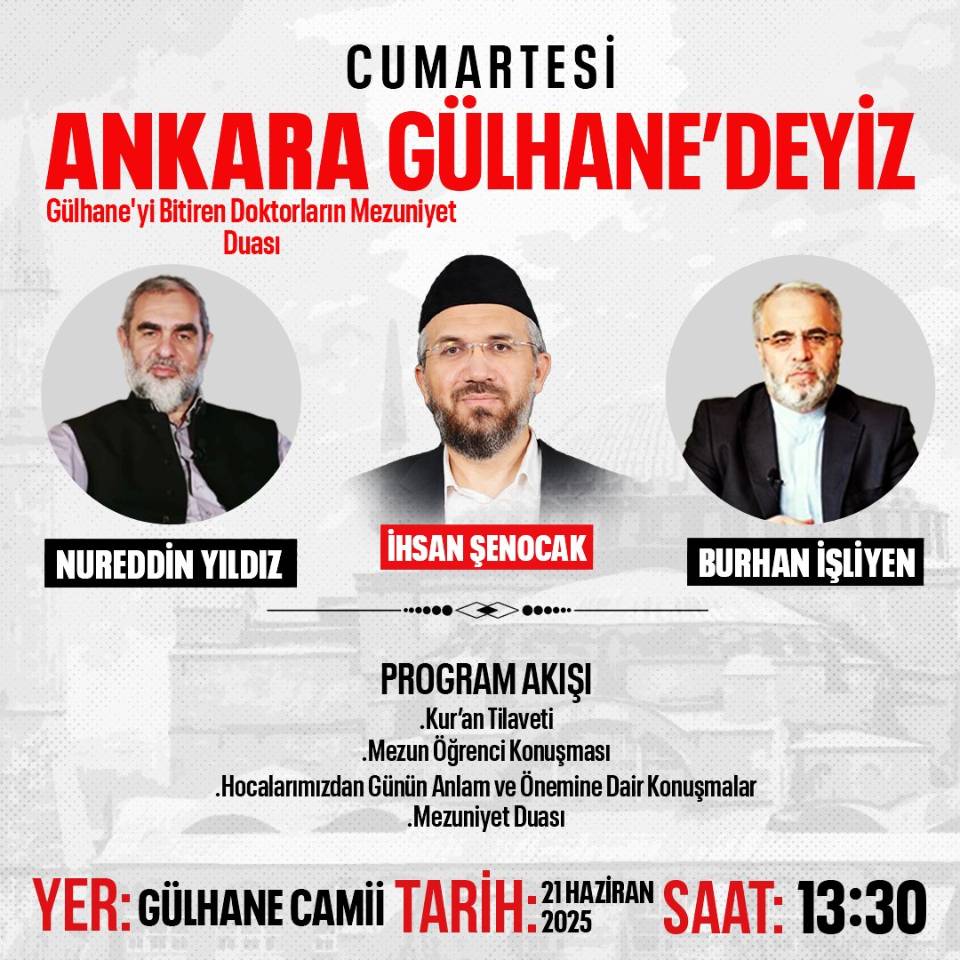 Cumartesi Ankara Gülhane'deyiz

⏰ 13:30
🗓 21 Haziran Cumartesi
📍 Gülhane Camii