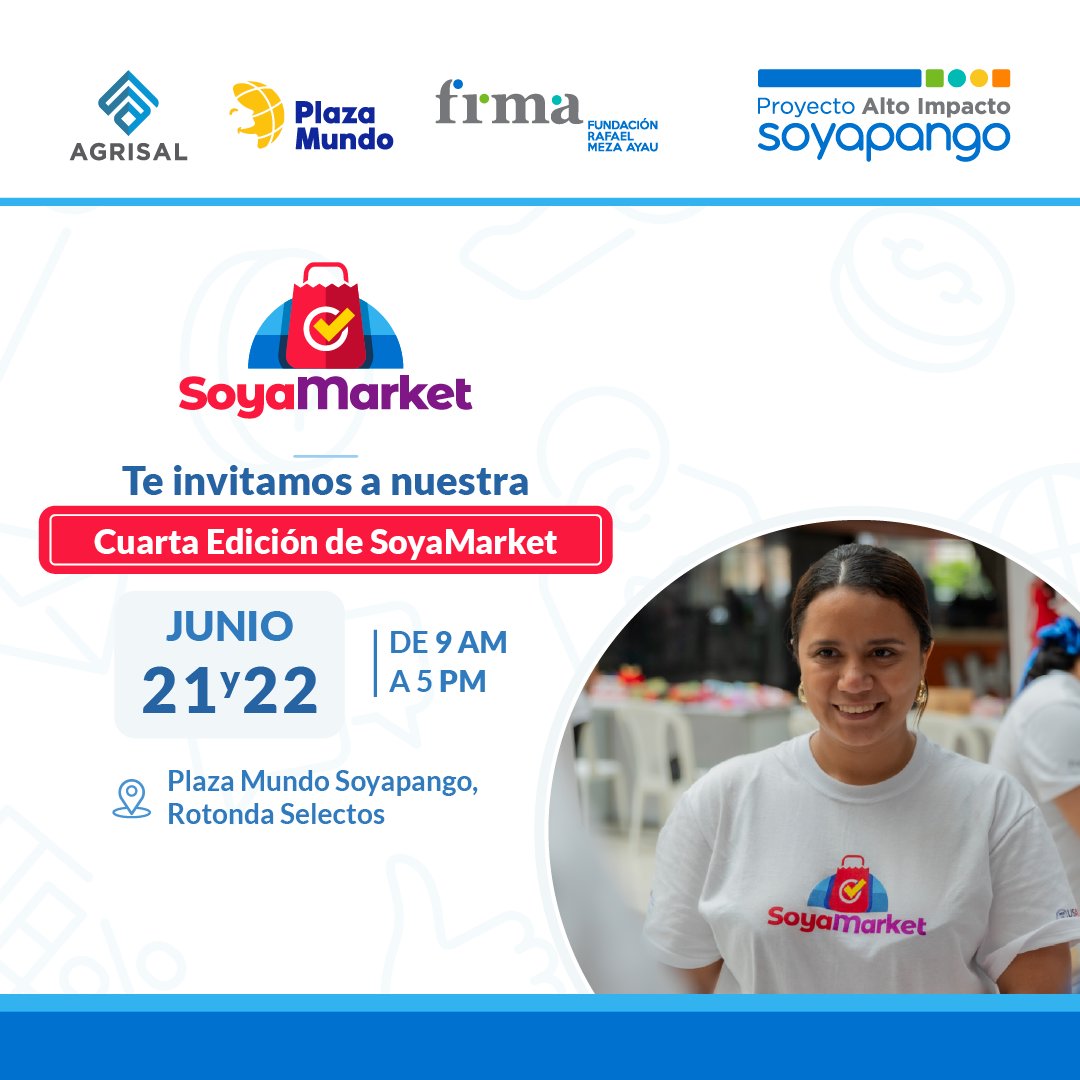 Agrisal (@agrisal_sv) on Twitter photo 🤝 En alianza con la <a href="/FRafaelMezaAyau/">Fundación Rafael Meza Ayau</a>, este 21 y 22 de junio regresa #SoyaMarket a <a href="/PlazaMundo_/">@plazamundo_</a> Soyapango.
12 emprendimientos locales mostrarán su talento y compromiso por transformar su comunidad.
AGRISAL sigue apostando por un #Soyapango más próspero, humano y sostenible. 🤝 En alianza con la <a href="/FRafaelMezaAyau/">Fundación Rafael Meza Ayau</a>, este 21 y 22 de junio regresa #SoyaMarket a <a href="/PlazaMundo_/">@plazamundo_</a> Soyapango.
12 emprendimientos locales mostrarán su talento y compromiso por transformar su comunidad.
AGRISAL sigue apostando por un #Soyapango más próspero, humano y sostenible.