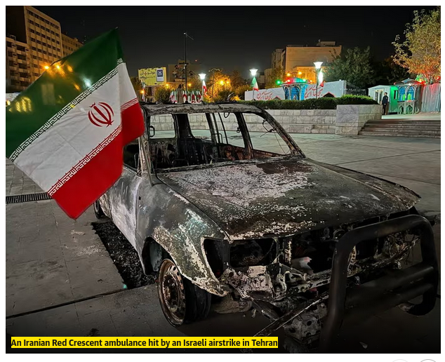 An Iranian Red Crescent ambulance hit by an Israeli airstrike in #Tehran 

Is this the precision of the Israeli air force that #Netanyahu  was talking about?