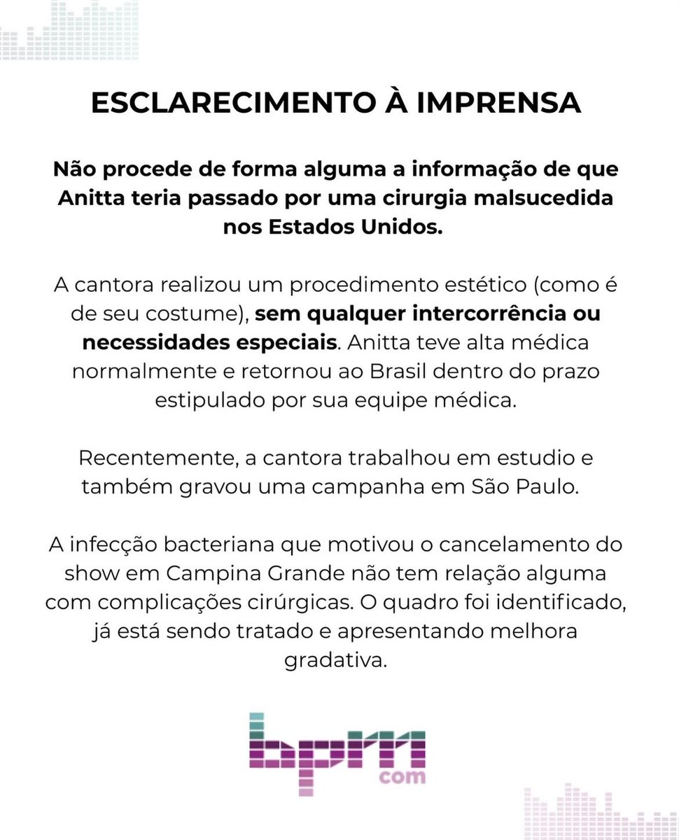 Equipe de Anitta surpreende a soltar nota de esclarecimento desmentindo informações falsas em tempo recorde.

A infecção bacteriana da cantora, que já está melhorando, não tem associação ao último procedimento estético realizado.