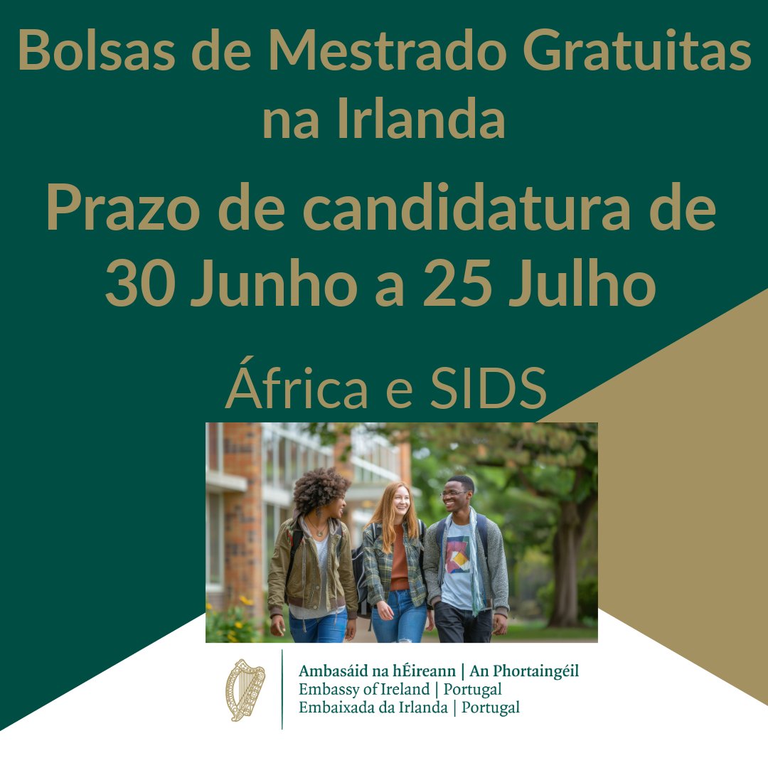 Mestrado na Irlanda totalmente gratuito!
Prazo de submissão de candidaturas abre a 30 de Junho e encerra a 25 de Julho.
Informação e critérios de elegibilidade disponível a partir de 30 de Junho em: irishaidfellowships.ie/strands.html