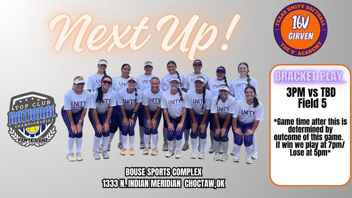 Game Day Schedule – Texas Unity Girven 🎯

We’re back at it today at the Bouse Sportsplex field 5!! 

🕒 3:00 PM – First Game
➡️ Win = Play at 7:00 PM
➡️ Lose = Play at 5:00 PM

Let’s handle business and keep moving forward! 💜🧡