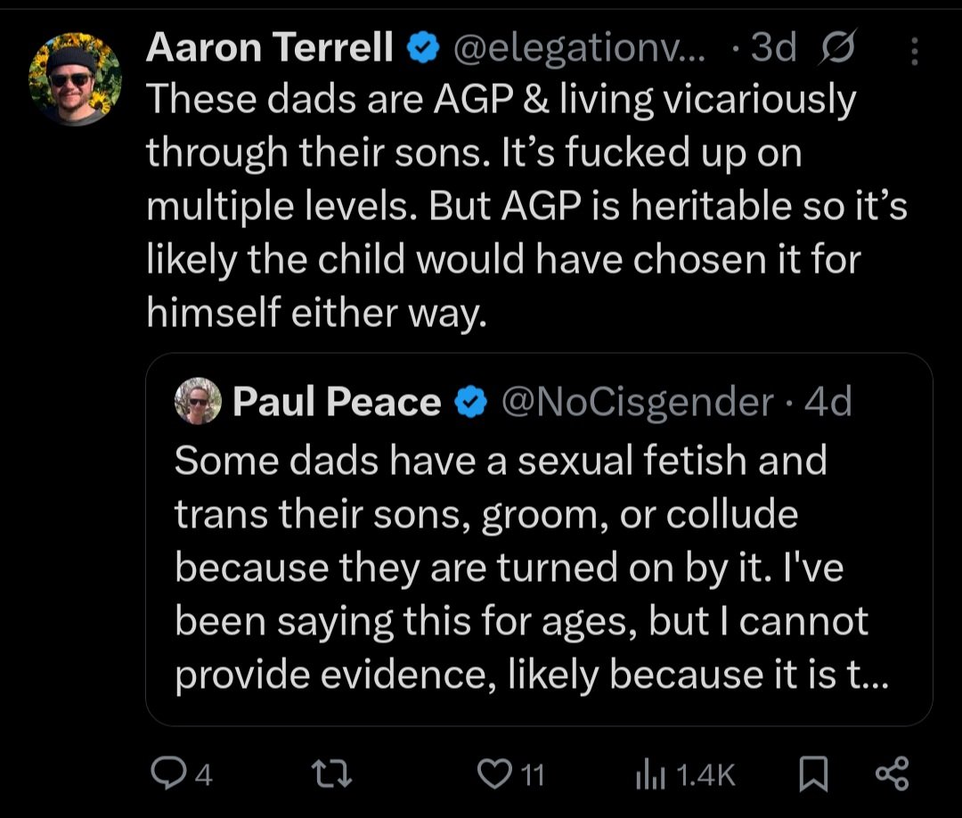 "It's fucked up on multiple levels", no it's child sexual abuse. 🤡🤮

TRAs are all paraphiles in search of anything to validate their continuing access to Dr. Mengele medicine. Including roping others into following them, and justifying child abuse by claiming AGP is genetic.