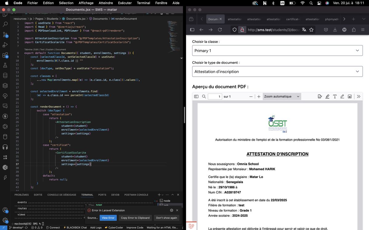 NdiagaMatarSeck's tweet image. 1/3
#ReactPDF : une solution front-end puissante pour la génération de documents
Dans mon projet Laravel + Inertia + React, j’avais besoin de générer des PDF dynamiques (attestations, certificats…) à partir des données d’inscription.