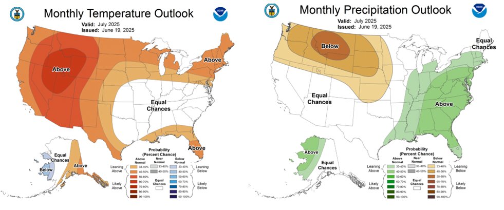 NOAA July forecast favors western-based heat, dryness in the N. Rockies to N. Plains.