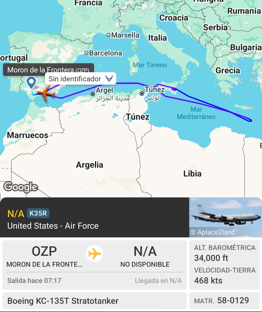 🇺🇸 USAF KC-135T Stratotanker 58-0129   del 171stARW regresa a Morón tras completar misión AAR sobre el Mediterráneo.

x.com/MilRadar/statu…