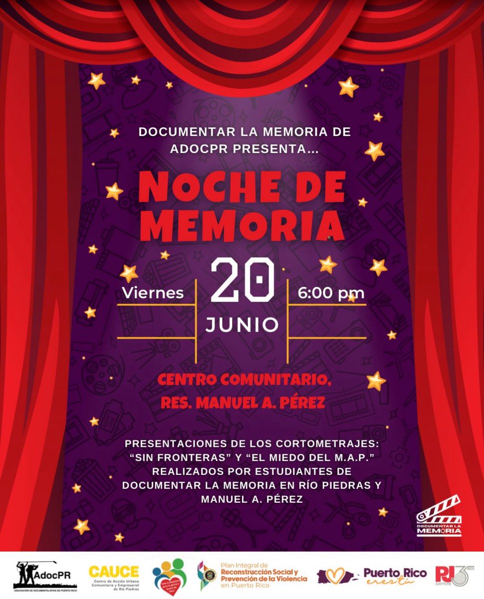 HOY 6PM en el Centro Comunal del Residencial Manuel A Pérez. ¡Acompáñanos! #AdocPR #DocumentarlaMemoria