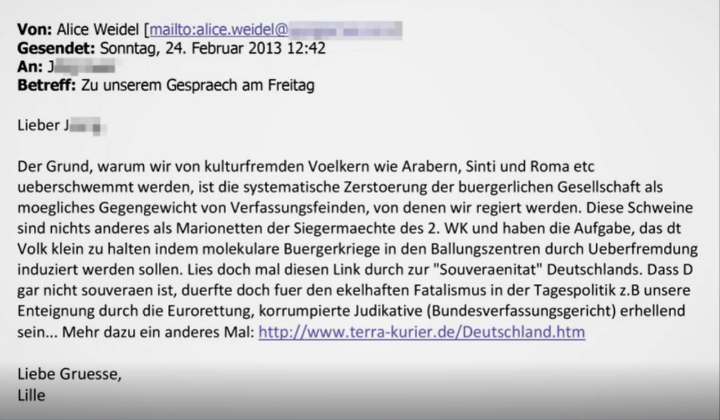 Eure jährliche Erinnerung, dass Alice #Weidel diese E-Mail vermutlich im Jahr 2013 verfasst hat:

[Quelle: zdfheute.de/politik/weidel…]