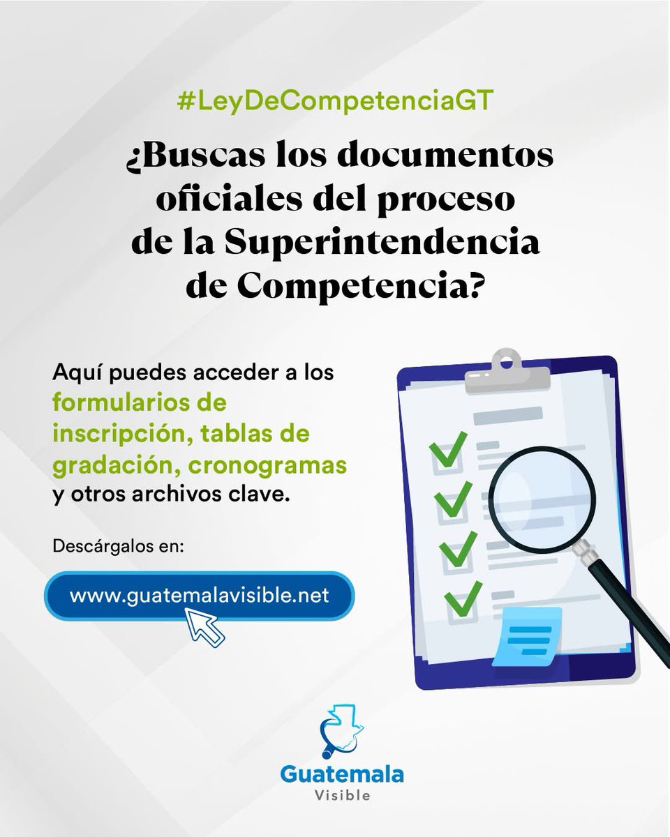 📂 En nuestro sitio encuentras todos los documentos oficiales del proceso de elección del Directorio de la Superintendencia de Competencia: 📝 Formulario de inscripción, tablas de gradación, cronogramas y más.

🔗 Ingresa aquí:
guatemalavisible.net/areas-de-traba…

#LeyDeCompetenciaGT