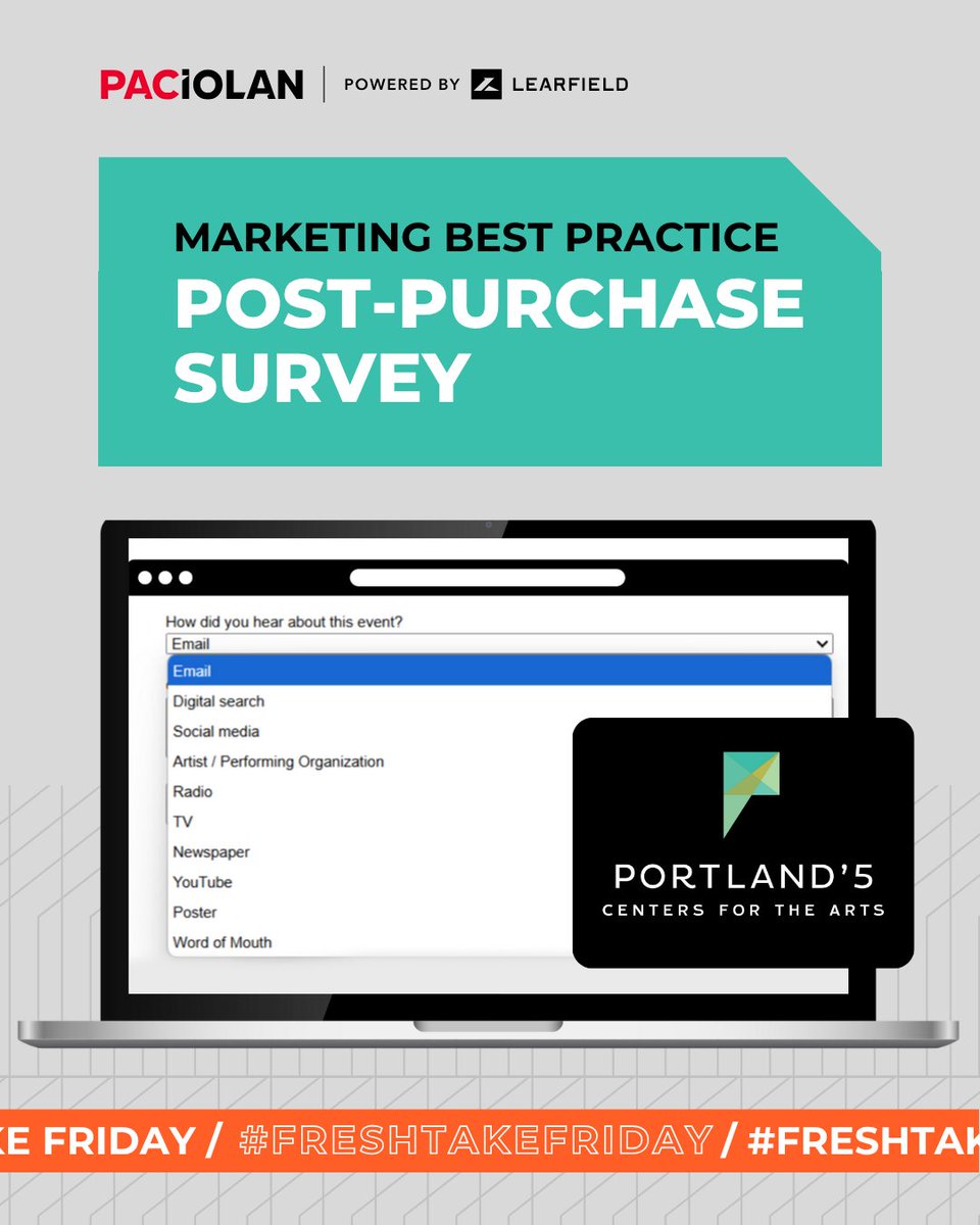 Paciolan (@paciolantix) on Twitter photo #FreshTakeFriday: Just 1οΈβ£ Question=Big Results! <a href="/Portland_5/">Portland'5 Centers for the Arts</a> added a single-question post-purchase survey to their confirmation page for π₯ insights! Captures email + purchase info automatically + see channels driving sales
bit.ly/4kZRRsa #PACcommunity #PACBestPractices #FreshTakeFriday: Just 1οΈβ£ Question=Big Results! <a href="/Portland_5/">Portland'5 Centers for the Arts</a> added a single-question post-purchase survey to their confirmation page for π₯ insights! Captures email + purchase info automatically + see channels driving sales
bit.ly/4kZRRsa #PACcommunity #PACBestPractices