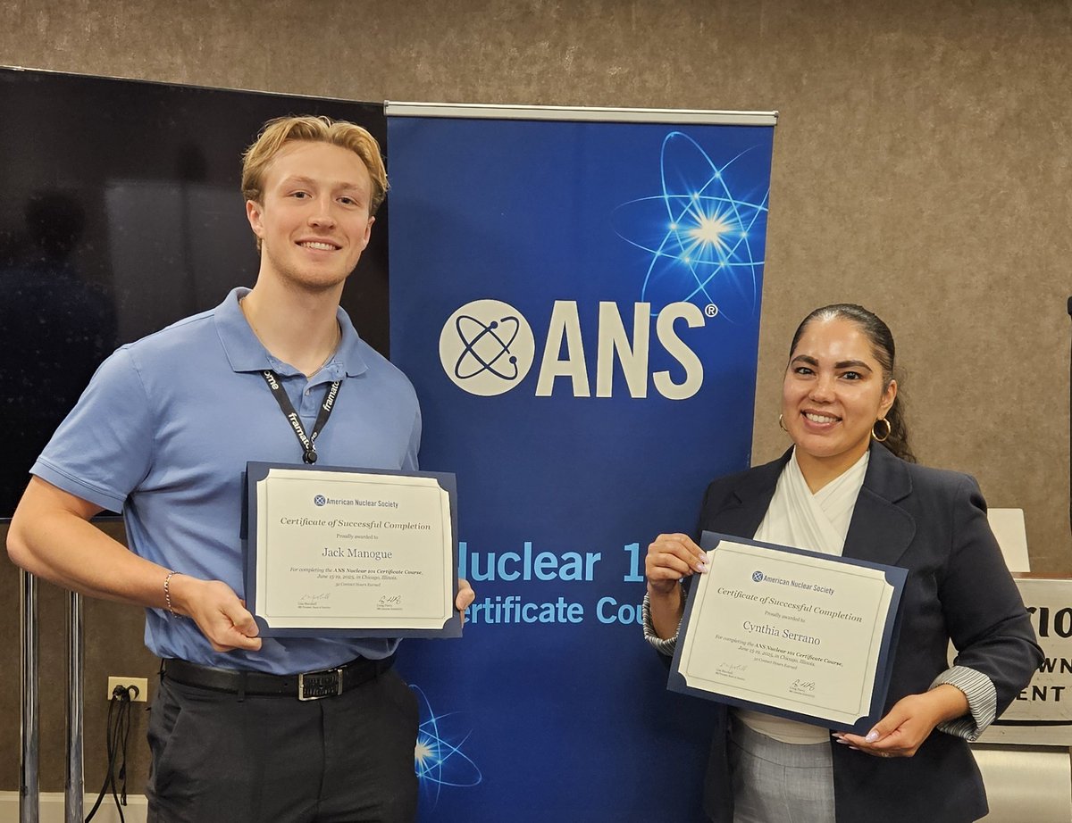 holtecintl's tweet image. This week, Holtec International team members Jack Manogue and Cynthia Serrano successfully completed the American Nuclear Society, Nuclear 101 Course! 💡⚛️
Throughout the program, they gained foundational insights into key topics including:
• The History and Legacy of Nuclear…
