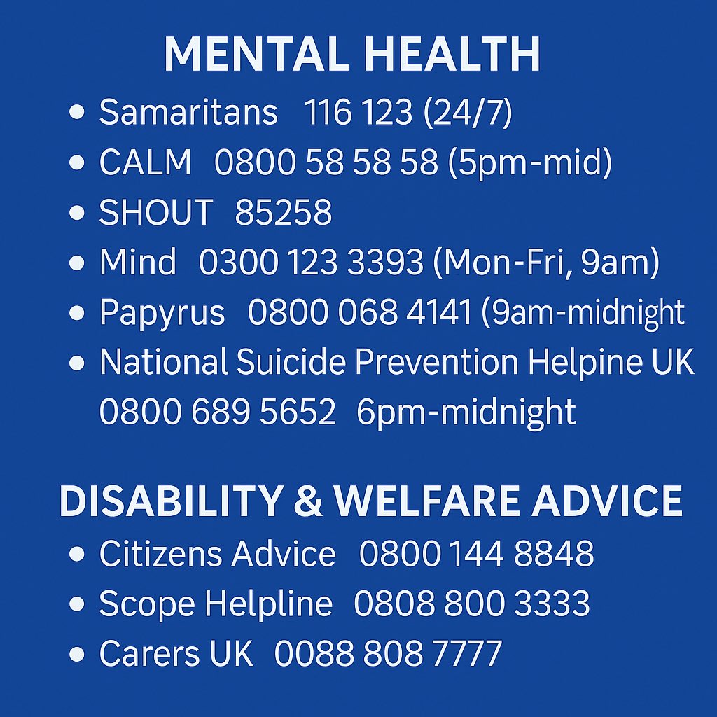 If you’re struggling in the wake of the proposed benefits cuts and/or the assisted dying bill, please remember: nothing is changing overnight. There are good people out there — people who care. Here’s a reminder of some places you can call. Stay safe if you possibly can. Love Jay