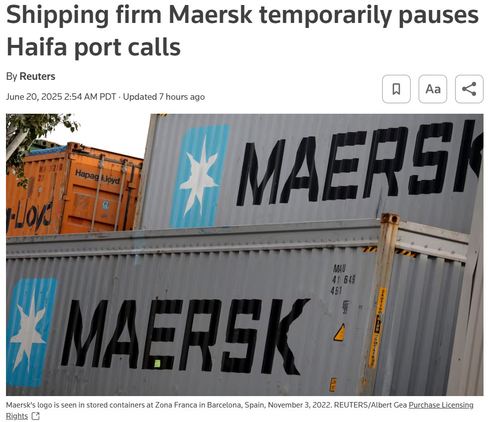 The world's biggest container shipping company is suspending Haifa port activity. The implications for Israel's economy are very serious, as much of the country's Import/export activity is performed through containers. 
TLV airport is basically shut down, meaning Ashdod Port