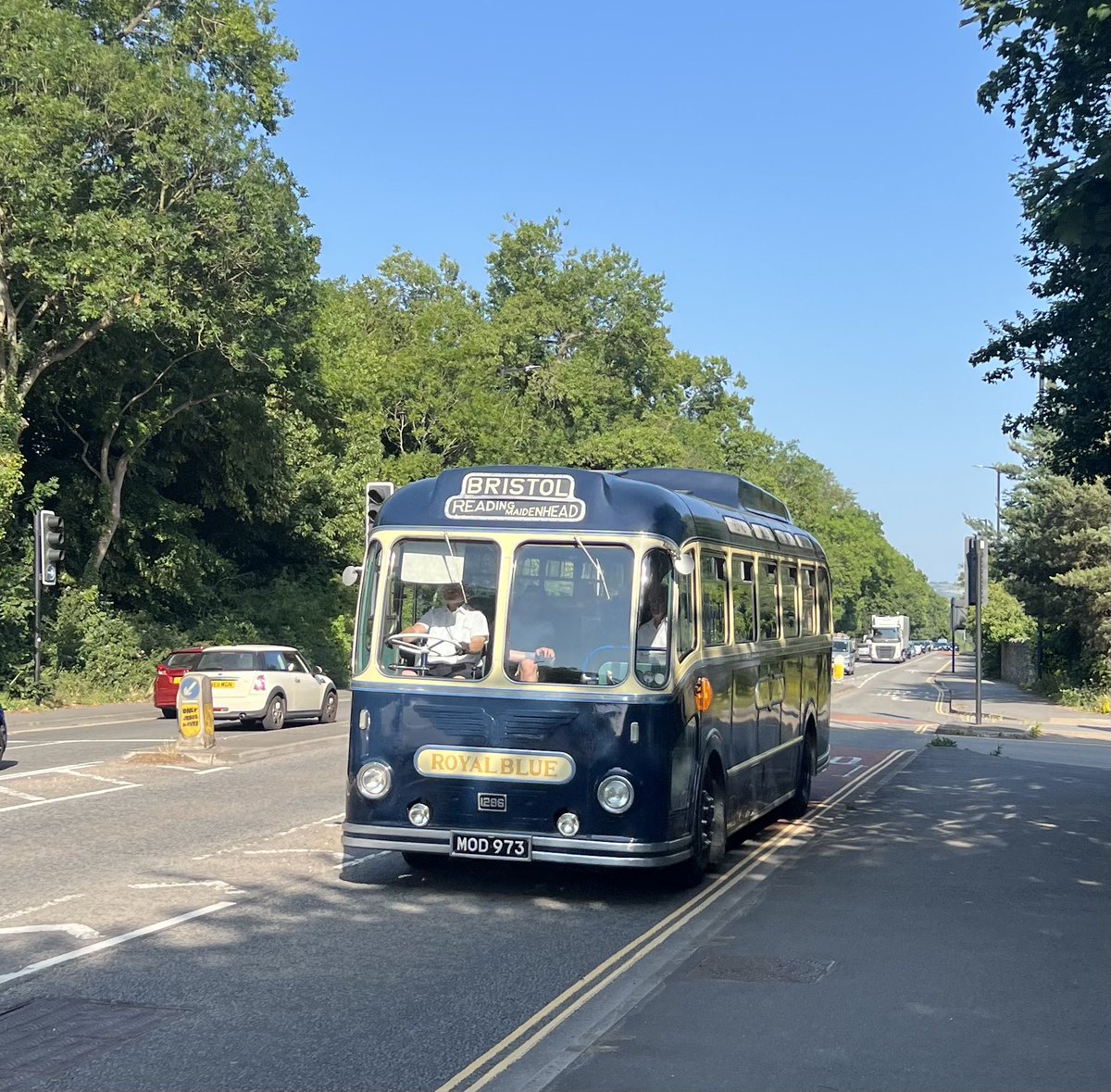 James Freeman see here as a volunteer driver behind the wheel of this 1952 Bristol Royal Blue LS6G/ECW (MOD 973), taking part in the Thames Valley &amp; Great Western Omnibus Trust Royal Blue Run on Day 1 from London to Bristol