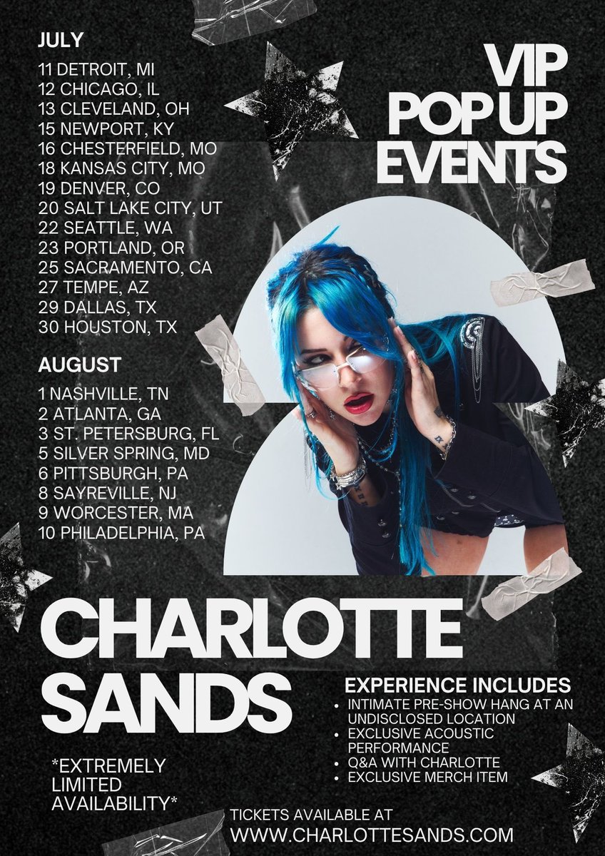 charlottesands's tweet image. you asked and you shall receive &lt;3 we’ve created vip pop up experiences alongside my tour dates this summer. small intimate hangs before each show, I can’t wait to see your faces in person !! very limited availability so get your tickets now at charlottesands.com xx