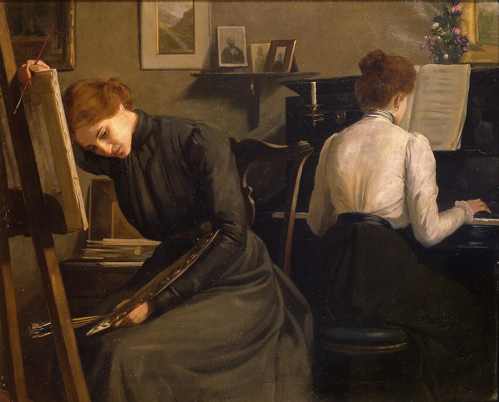 Sizce bu resmin arkasındaki anlam ne olabilir ? 
Ressam ve Piyanist - 1910 tarihli ressam Lionello Balestrieri
Ressam kadın, düşüncelerde kaybolmuş bunun sebebi bir yaratım sancısı mı yoksa piyanist kadının müziği ile düşüncelere mi dalmış ?