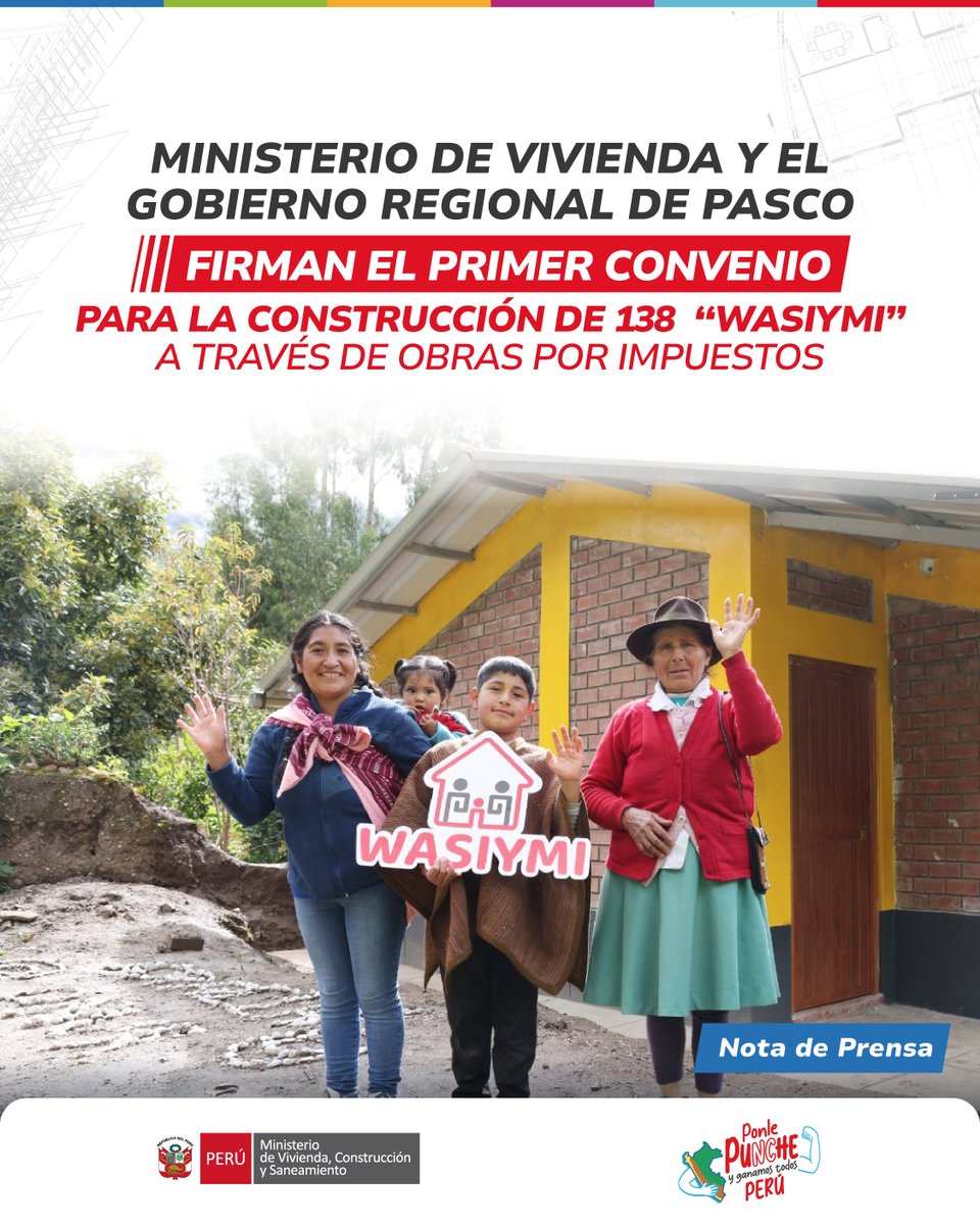 🏠¡Viviendas rurales Wasiymi para más peruanos!
En un paso decisivo para mejorar la calidad de vida de las poblaciones rurales, el Ministerio de Vivienda, Construcción y Saneamiento (MVCS) y el Gobierno Regional de Pasco firmaron un convenio para la construcción de 138 viviendas