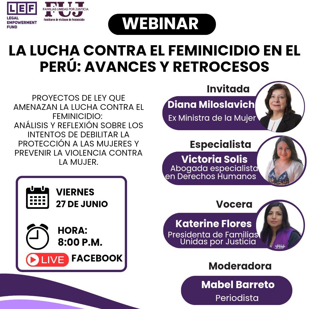 📣¡Únete a nuestro webinar! La lucha contra el feminicidio en el Perú: Avances y Retrocesos 🗓️Viernes 27, 8:00 p.m. 💬Discutiremos feminicidio, proyectos de ley y experiencias de familias afectadas. 👥Con Diana Miloslavich, Victoria Solís, Katherine Flores y Mabel Barreto.