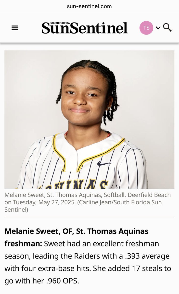 Blessed again to be selected for Broward All County First Team (freshman). I want to thank my family, coaches &amp; teammates for your support. ❤️🤫<a href="/AquinasSoftball/">St. Thomas Aquinas Softball</a> <a href="/SunSentinel/">South Florida Sun Sentinel</a> <a href="/SoftballDown/">Down South Softball</a> <a href="/D1Softball/">D1Softball</a> <a href="/SBRRetweets/">Softball Recruiting Reposts</a> <a href="/CoachBallMalone/">Cindy Ball-Malone</a> <a href="/DukeCoachYoung/">Marissa Young</a> <a href="/nxt1sports/">NXT 1</a>