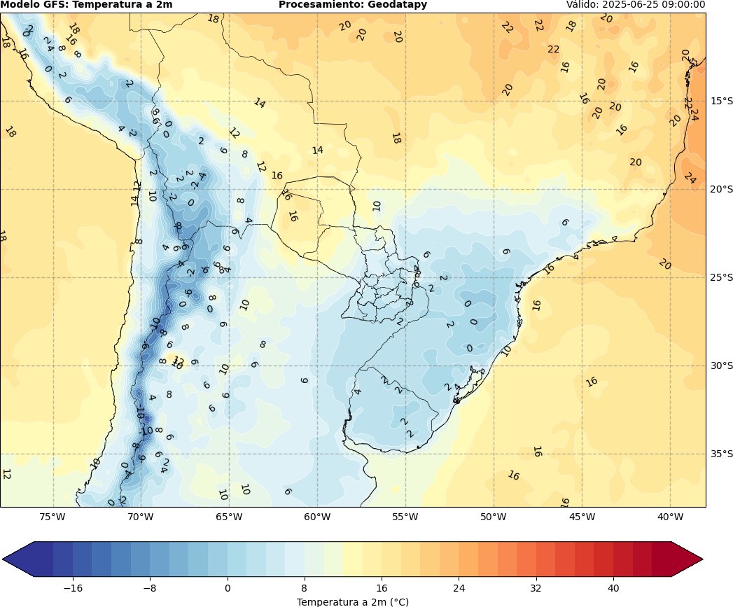 geodatapy's tweet photo. 🌬️ Pronóstico GFS: frío intenso en camino 🥶
Para el amanecer del 25 de junio, se prevén temperaturas cercanas o bajo 0 °C en Paraguay, Argentina, Uruguay y el sur de Brasil.
⚠️ Probabilidad de heladas y escarchas.
🗓️ Válido: 25/06 - 09:00
🗺️ Mapa: @Geodatapy
#Frío #Heladas https://t.co/oGlTcDjjRS