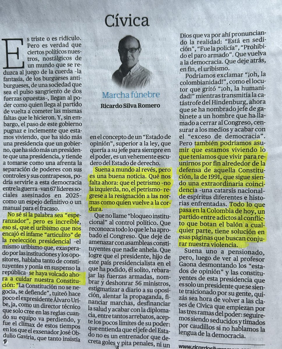 Luz María Tobón (@luzmatobon) on Twitter photo La genialidad es de <a href="/RSilvaRomero75/">Ricardo Silva Romero</a>.
En la argumentación. En la terca esperanza.
En esos párrafos que construye como tejidos y lecciones.
El papel arrugado es de @eltiempo que a veces aparece así.
El exceso de amarillo y la mala foto son mis aportes.
Lean. Es necesidad. La genialidad es de <a href="/RSilvaRomero75/">Ricardo Silva Romero</a>.
En la argumentación. En la terca esperanza.
En esos párrafos que construye como tejidos y lecciones.
El papel arrugado es de @eltiempo que a veces aparece así.
El exceso de amarillo y la mala foto son mis aportes.
Lean. Es necesidad.