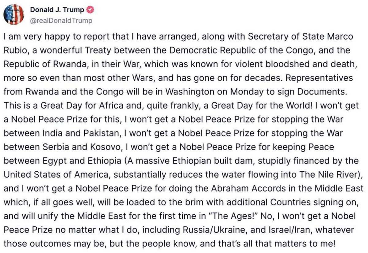#USA: « Je suis très heureux d'annoncer que j'ai arrangé, avec le secrétaire d'État Marco Rubio, un traité merveilleux entre la #RDC et le #Rwanda, concernant leur guerre, qui était connue pour ses violences sanglantes et la mort, encore plus que la plupart des autres guerres, et