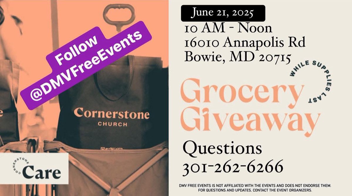 June 21, Bowie, Grocery Giveaway
Disclaimer: DMV Free Events is not affiliated with the events and does not endorse them. For questions and updates, contact the event organizers.
#DMVFreeEvents