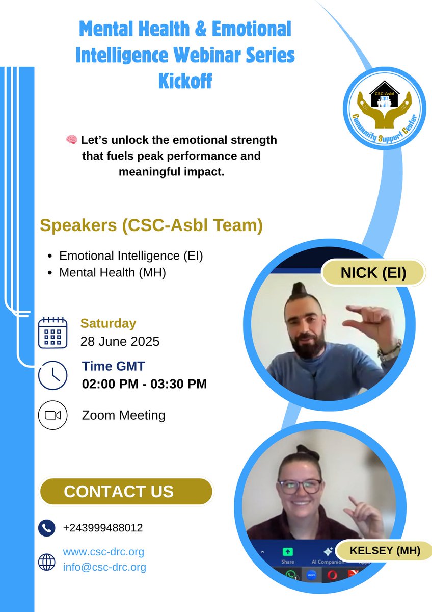 CSC Asbl/Sud-Kivu (@cscsud) on Twitter photo 🧠Webinar | 28 June | 2–3:30 PM GMT
Join CSC-Asbl's kickoff session on #MentalHealth & #EmotionalIntelligence for coaches, leaders & athletes.
🎙️Led by experts:
Kelsey Burrows, CMPC
Nick Atzeni, EQ Coach
📩 Register: info@csc-drc.org
#CSCAsbl #Leadership #SportForChange #Coaching 🧠Webinar | 28 June | 2–3:30 PM GMT
Join CSC-Asbl's kickoff session on #MentalHealth & #EmotionalIntelligence for coaches, leaders & athletes.
🎙️Led by experts:
Kelsey Burrows, CMPC
Nick Atzeni, EQ Coach
📩 Register: info@csc-drc.org
#CSCAsbl #Leadership #SportForChange #Coaching