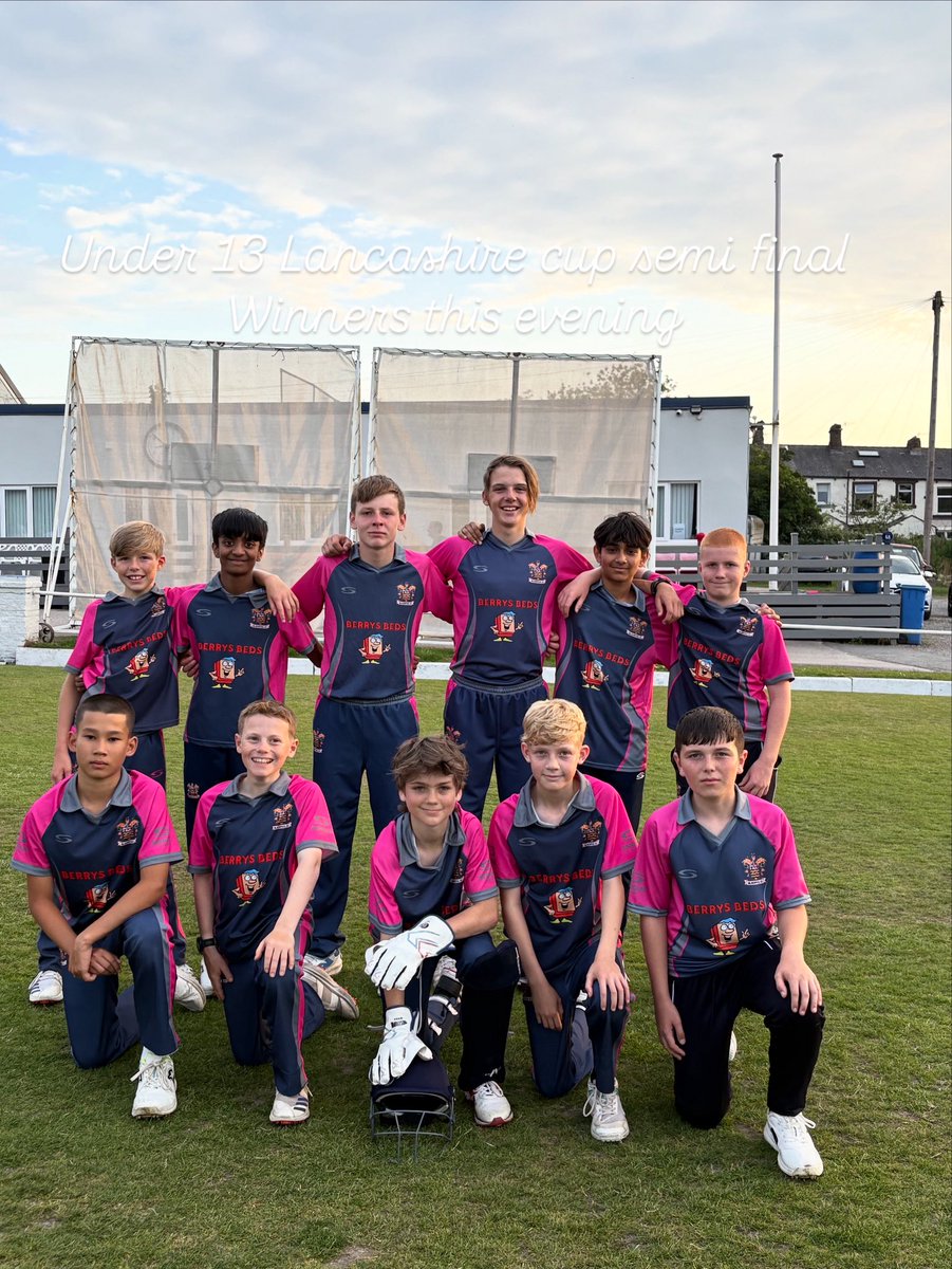 Congrats to our fantastic Under 13s who won by 49 runs at Lowerhouse in the Lancashire Cup semi final this evening. 

We now look forward to the Final against Didsbury.  

Big Thanks to Lowerhouse for hosting us this evening.