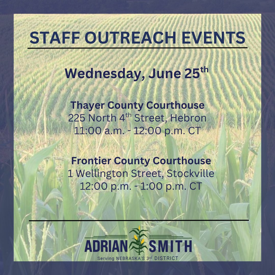My staff will be in Nelson, Ravenna, Butte, Beaver City, St. Paul, Central City, Burwell, Hebron &amp; Stockville next week. Please stop by if you need help with a federal agency or have thoughts to share!