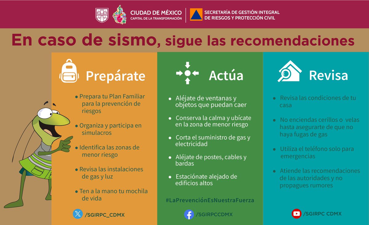 Antes de que suceda un sismo:
✅Revisa constantemente la estructura de tu hogar
✅Identifica las zonas de menor riesgo
✅Realiza tu mochila de vida
✅Elabora tu Plan Familiar
✅Realiza simulacros
✅Ubica las rutas de evacuación y puntos de reunión
#LaPrevenciónEsNuestraFuerza