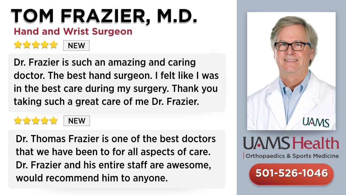 UAMS Health Orthopaedics & Sports Medicine (@uamsortho) on Twitter photo We agree - Dr. Frazier is amazing!
Dr. Tom Frazier is a fellowship-trained orthopaedic hand legend at <a href="/uamshealth/">UAMS Health</a>, who utilizes state-of-the-art treatments and procedures to provide surgical and nonsurgical care for a wide variety of hand and wrist conditions. We agree - Dr. Frazier is amazing!
Dr. Tom Frazier is a fellowship-trained orthopaedic hand legend at <a href="/uamshealth/">UAMS Health</a>, who utilizes state-of-the-art treatments and procedures to provide surgical and nonsurgical care for a wide variety of hand and wrist conditions.