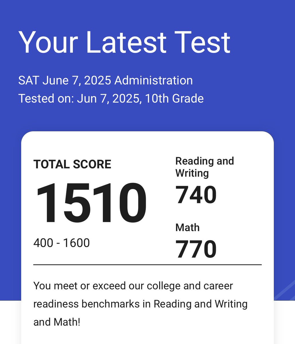 DCallahan2027's tweet image. Excited to get my SAT results back, scoring a 1510 on my first try and landing in the 98th percentile!