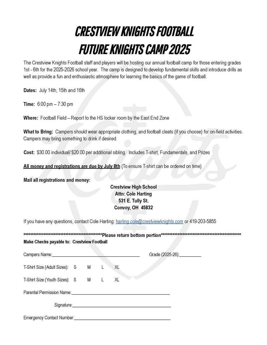 Crestview Knights HS Football (@crestviewfb) on Twitter photo We will be hosting our Future Knights Football Camp this summer July 14th, 15th, and 16th from 6:00pm-7:30pm. All registrations must be turned in by July 8th.
Contact Coach Harting with any questions at harting.cole@crestviewknights.com We will be hosting our Future Knights Football Camp this summer July 14th, 15th, and 16th from 6:00pm-7:30pm. All registrations must be turned in by July 8th.
Contact Coach Harting with any questions at harting.cole@crestviewknights.com