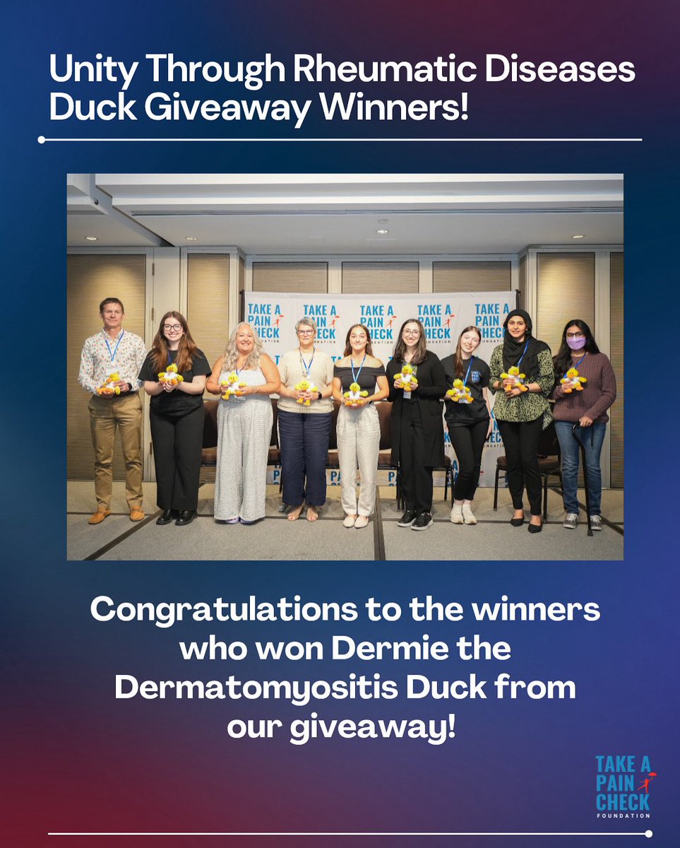 takeapaincheck's tweet image. Unity Through Rheumatic Diseases held a giveaway which featured our new stuffed animal. Congratulations to all of the winners who won Dermie the Dermatomyositis Duck from the giveaway! #TAPC #UnityThroughRheumaticDiseases #UnityThroughRheumaticDiseases2025 #UnityThroughRheum