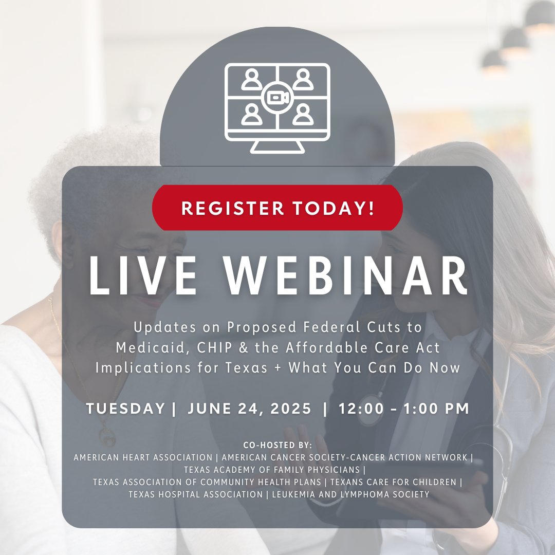 Coming up TUE June 24, the Protect TX Medicaid coalition is hosting a webinar on: Updates on Proposed Federal Cuts to Medicaid, CHIP and the Affordable Care Act,  Implications for TX, and What Actions You Can Take Now.

Noon-1pm CT, free. #HandsOffMedicaid
us06web.zoom.us/webinar/regist…