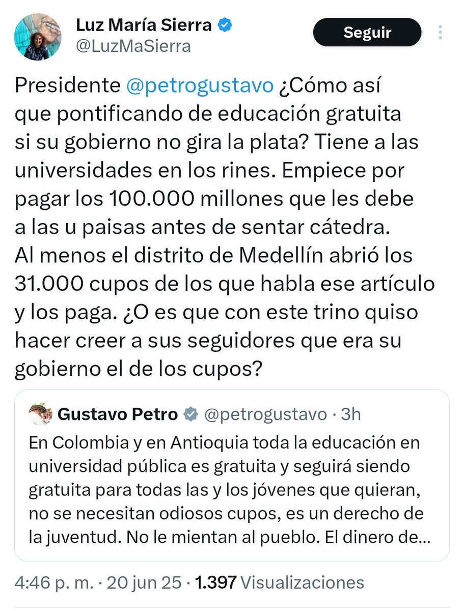 Estruendosa mentira la que reproduce la directora de El Colombiano, el gobierno Nacional, nada más en el caso de la <a href="/UdeA/">Universidad de Antioquia</a> ha aumentado significativamente la base presupuestal, mientras su amigo el gobernador Rendón destruyó la caja de la universidad llevándose contratos