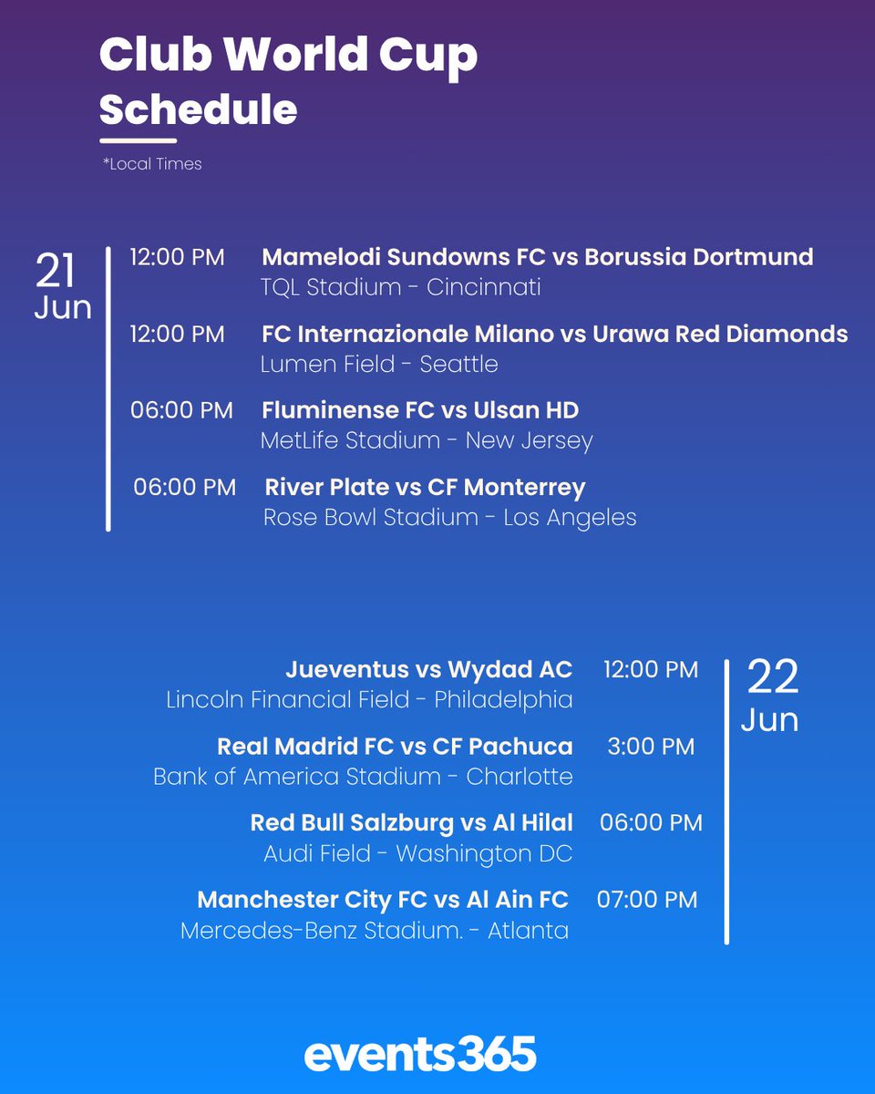 Events365_'s tweet photo. Here's your Club World Cup schedule for week ✌️ https://t.co/yERLYjkssL
