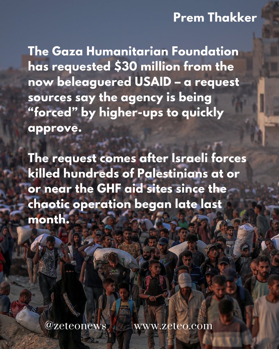 zeteo_news's tweet photo. “Sources say top Trump brass is pushing the proposed funding through, despite any staff concerns on the project’s ability to meet criteria regarding humanitarian principles, neutrality, or independence.”

Read @prem_thakker scoop on the Gaza Humanitarian Foundation- link below https://t.co/utWcPIA7Vp