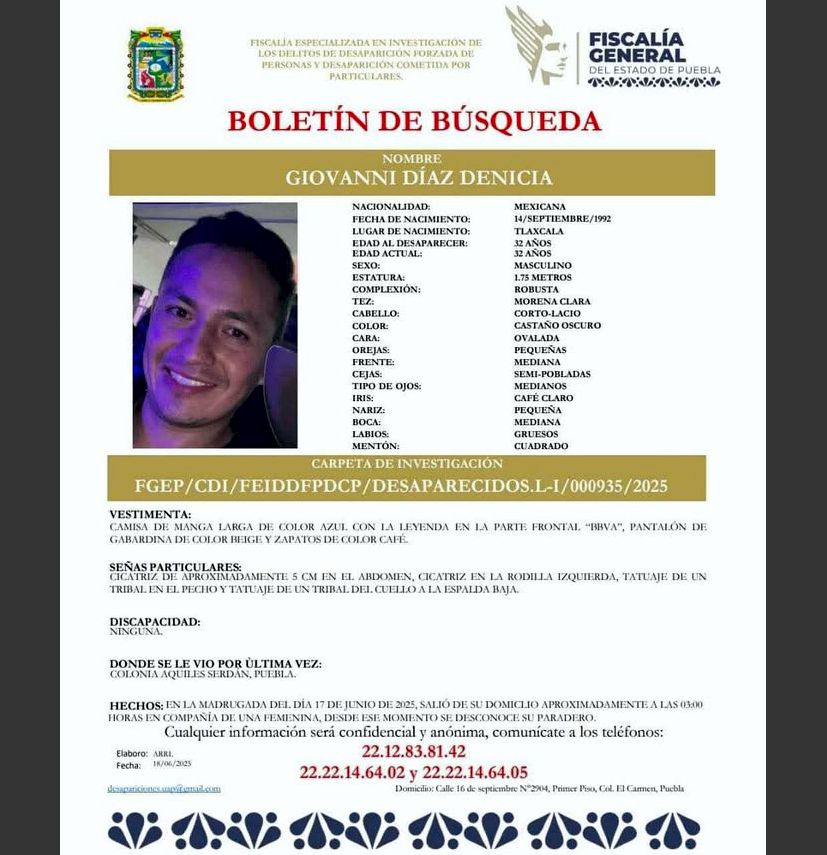 AYUDA a localizar a Giovanni Díaz Denicia de 32 años, visto por última vez la madrugada del martes 17 de junio al salir de su casa, acompañado de una mujer, en la colonia Aquiles Serdán de la ciudad de #Puebla

#CholulaReporta | masnoticiasdiario.com