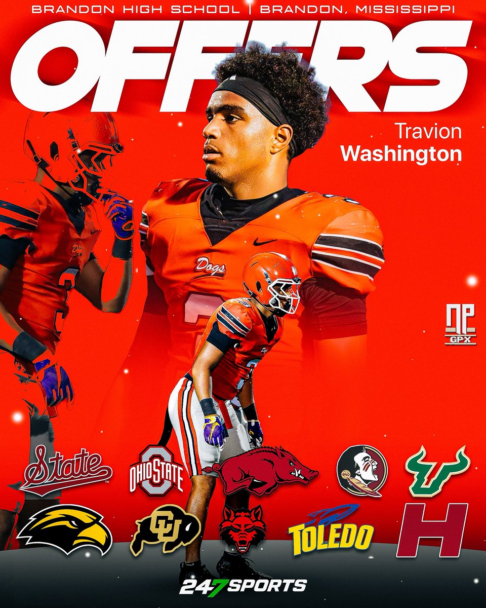 NPGPX Design (@nathanpurvis) on Twitter photo Travion Washington (<a href="/TravionWas24901/">Travion “Tray” Washington</a>), the class of 2028 running back from Brandon High School (Brandon, MS), releases his current offer list. Keep an eye out on this young man! 📈 Travion Washington (<a href="/TravionWas24901/">Travion “Tray” Washington</a>), the class of 2028 running back from Brandon High School (Brandon, MS), releases his current offer list. Keep an eye out on this young man! 📈