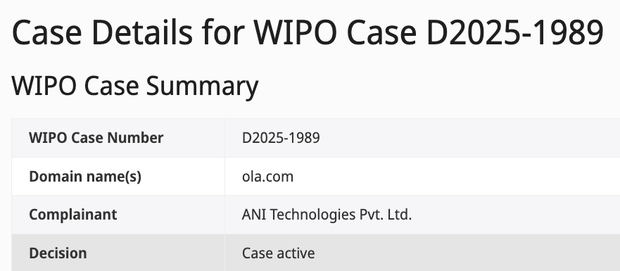 Whenever I think I've seen it all, a new contestant enters the "Dumbest UDRP Stunt" sweepstakes.   This is a pending case brought by ANI Technologies over the domain name Ola .com...