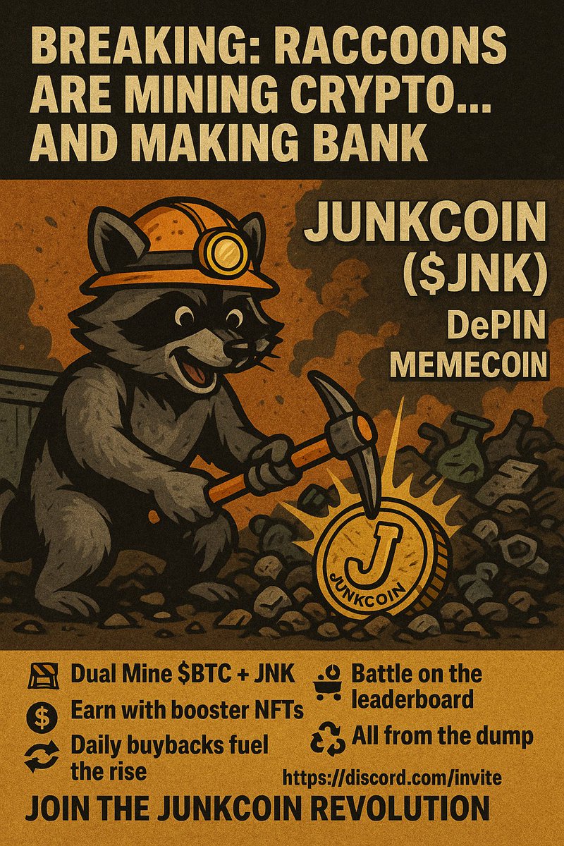 🦝💰 BREAKING: Raccoons are mining crypto... and making BANK.

JunkCoin ($JNK) is the DePIN memecoin where trash = treasure.
We’re not here to clean up — we’re here to hoard, mine, and dominate.
🚧 Dual Mine $BTC + $JNK
🪙 Earn with booster NFTs
📊 Battle on the leaderboard
🔥