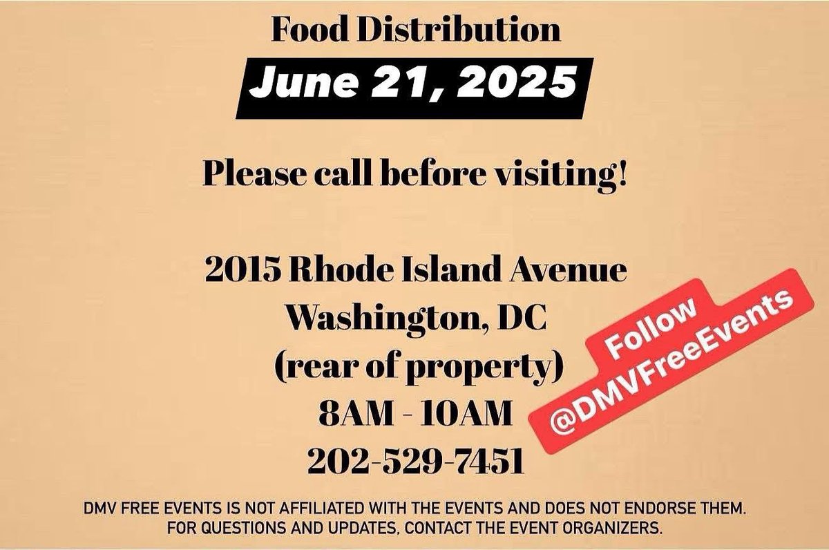 June 21, DC, Food Distribution 
Disclaimer: DMV Free Events is not affiliated with the events and does not endorse them. For questions and updates, contact the event organizers.
#DMVFreeEvents