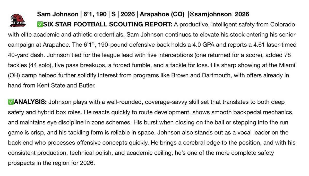 Thank you <a href="/sixstarfootball/">Six Star Football | PLUS+</a> for the write up. Appreciate the kind words. Can’t wait for senior year!

<a href="/Arapahoe_FB/">Arapahoe High School Football</a> <a href="/RecruitArapFB/">ArapahoeFBRecruiting</a> <a href="/FBCoachBrayton/">Tyler Brayton</a> <a href="/CoPreps/">Colorado Prep Report</a> <a href="/PrepZoneCO/">PrepzoneCO</a>